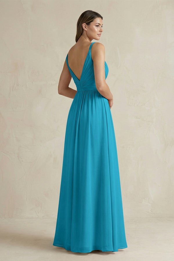 V - Neck Pleated A - Line Chiffon Bridesmaid Dress in Blue Jay - SHE IS ME Bridesmaid Dresses