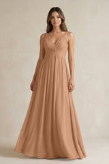 V - Neck Pleated A - Line Chiffon Bridesmaid Dress in Bronzer - KISS BRIDAL Bridesmaid Dresses