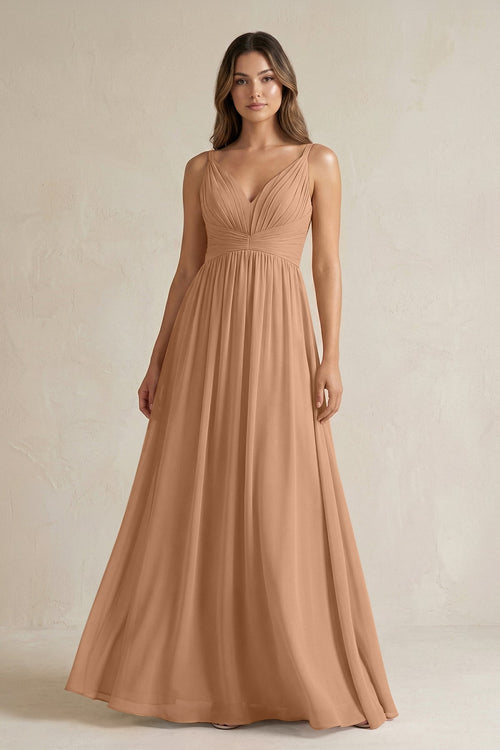 V - Neck Pleated A - Line Chiffon Bridesmaid Dress in Bronzer - SHE IS ME Bridesmaid Dresses