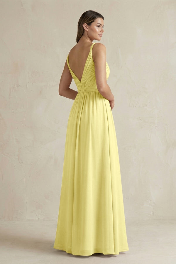 V - Neck Pleated A - Line Chiffon Bridesmaid Dress in Buttercup - SHE IS ME Bridesmaid Dresses
