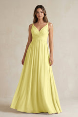 V - Neck Pleated A - Line Chiffon Bridesmaid Dress in Buttercup - KISS BRIDAL Bridesmaid Dresses