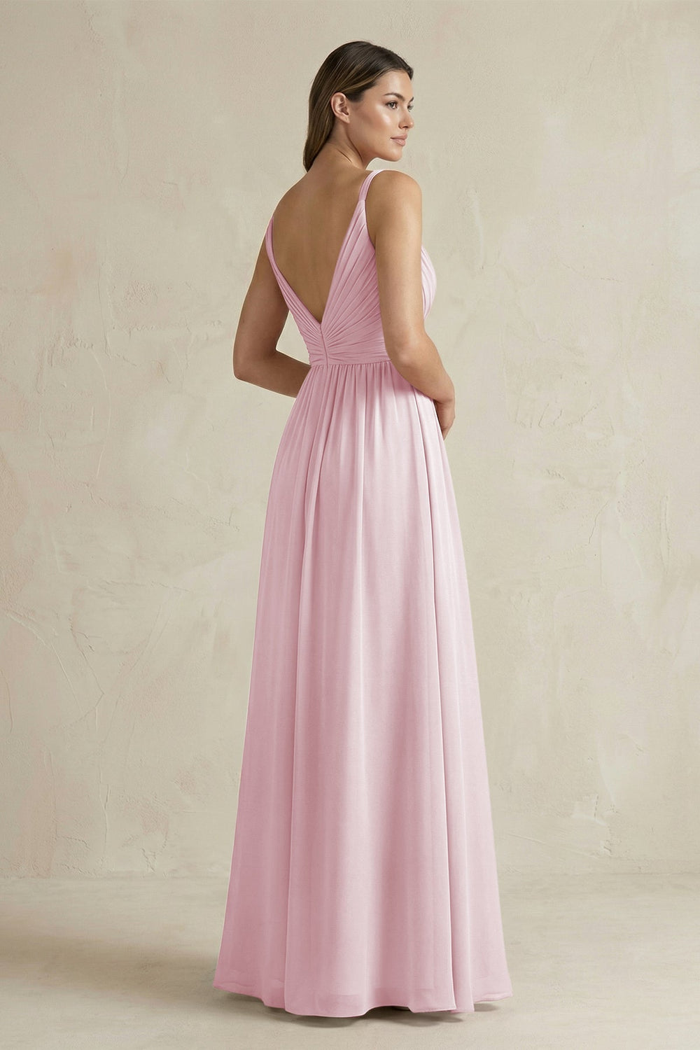 V - Neck Pleated A - Line Chiffon Bridesmaid Dress in Candy Pink - KISS BRIDAL Bridesmaid Dresses