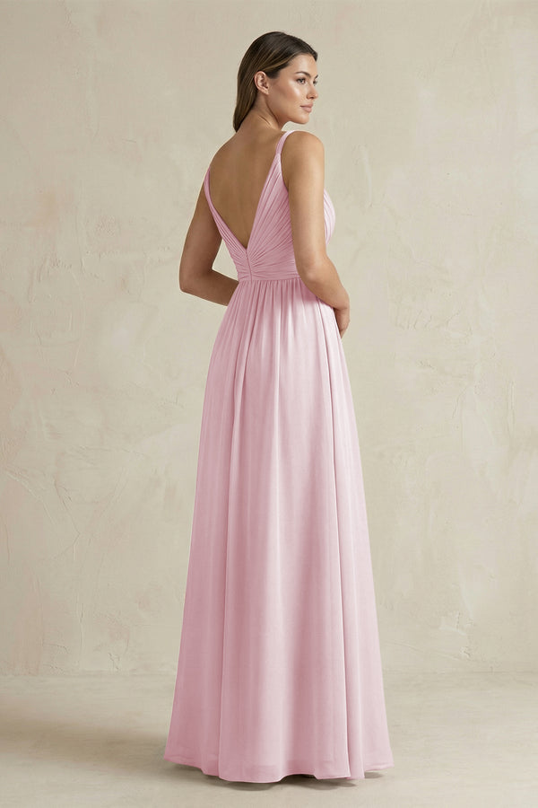 V - Neck Pleated A - Line Chiffon Bridesmaid Dress in Candy Pink - SHE IS ME Bridesmaid Dresses