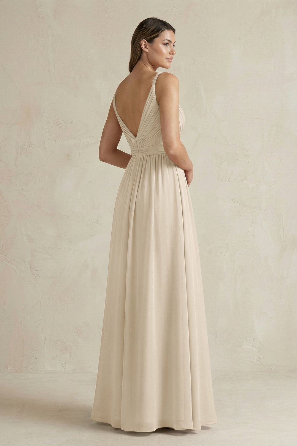 V - Neck Pleated A - Line Chiffon Bridesmaid Dress in Champagne - KISS BRIDAL Bridesmaid Dresses