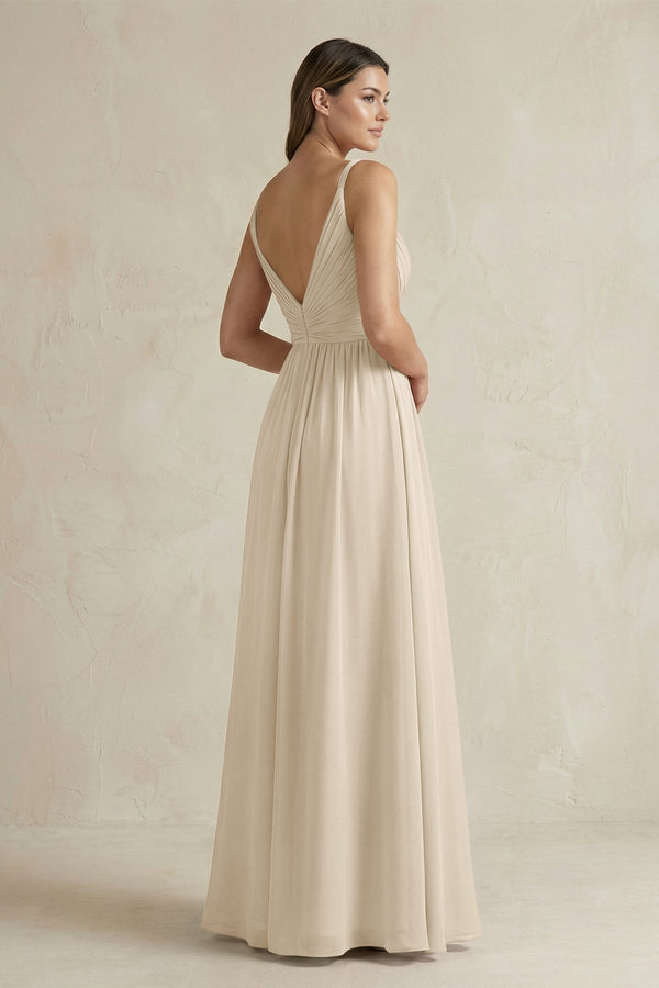 V - Neck Pleated A - Line Chiffon Bridesmaid Dress in Champagne - SHE IS ME Bridesmaid Dresses