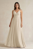 V - Neck Pleated A - Line Chiffon Bridesmaid Dress in Champagne - SHE IS ME Bridesmaid Dresses