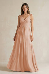 V - Neck Pleated A - Line Chiffon Bridesmaid Dress in Champagne Rose - KISS BRIDAL Bridesmaid Dresses