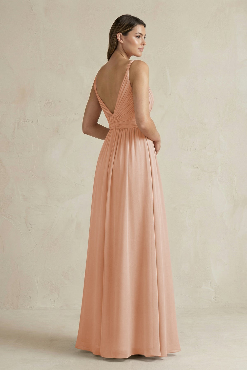 V - Neck Pleated A - Line Chiffon Bridesmaid Dress in Champagne Rose - KISS BRIDAL Bridesmaid Dresses