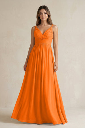 V - Neck Pleated A - Line Chiffon Bridesmaid Dress in Cinnamon - SHE IS ME Bridesmaid Dresses