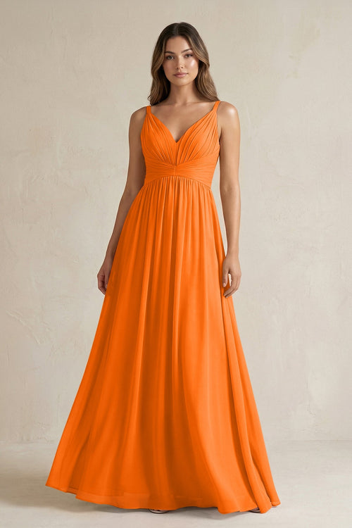 V - Neck Pleated A - Line Chiffon Bridesmaid Dress in Cinnamon - SHE IS ME Bridesmaid Dresses