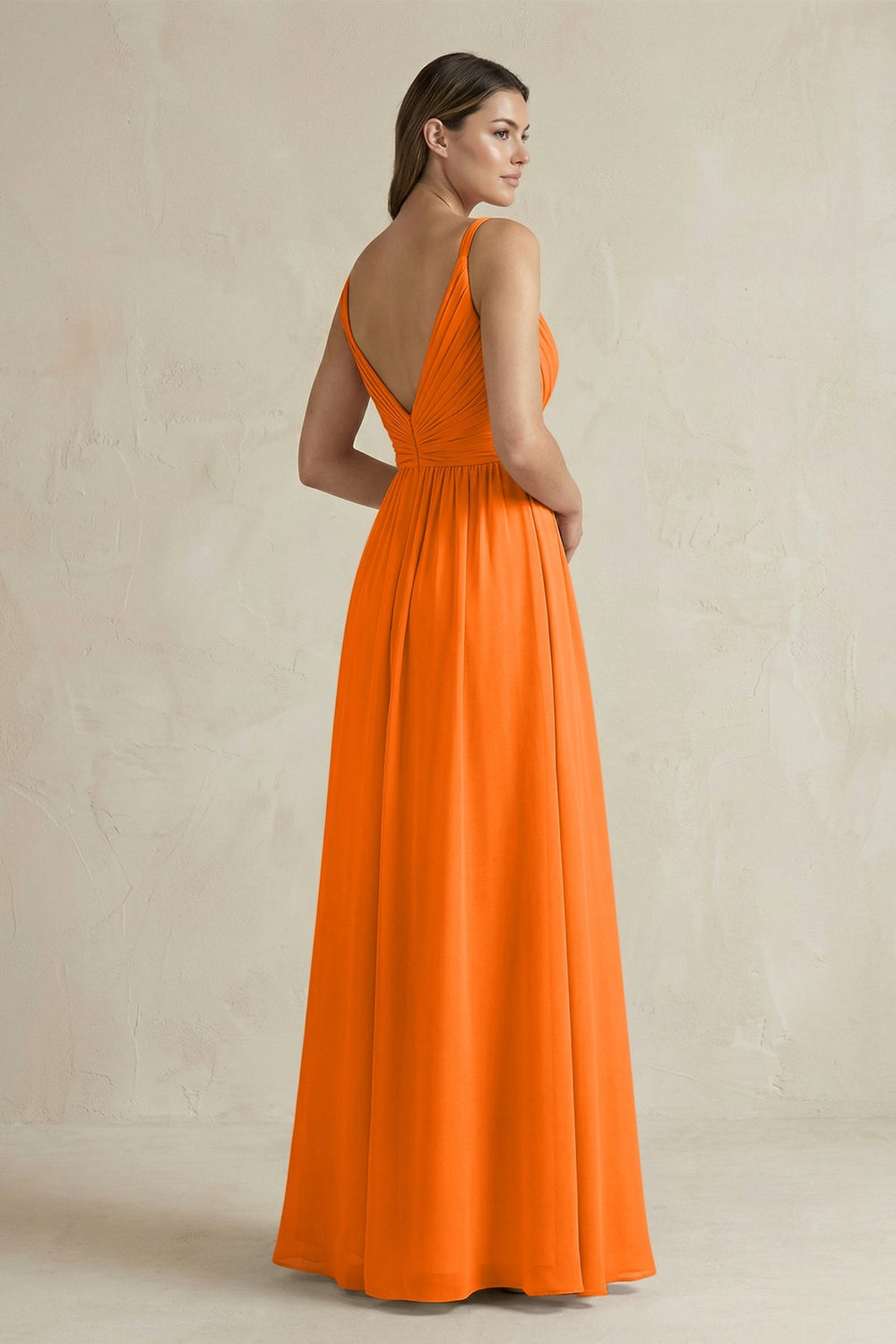 V - Neck Pleated A - Line Chiffon Bridesmaid Dress in Cinnamon - KISS BRIDAL Bridesmaid Dresses