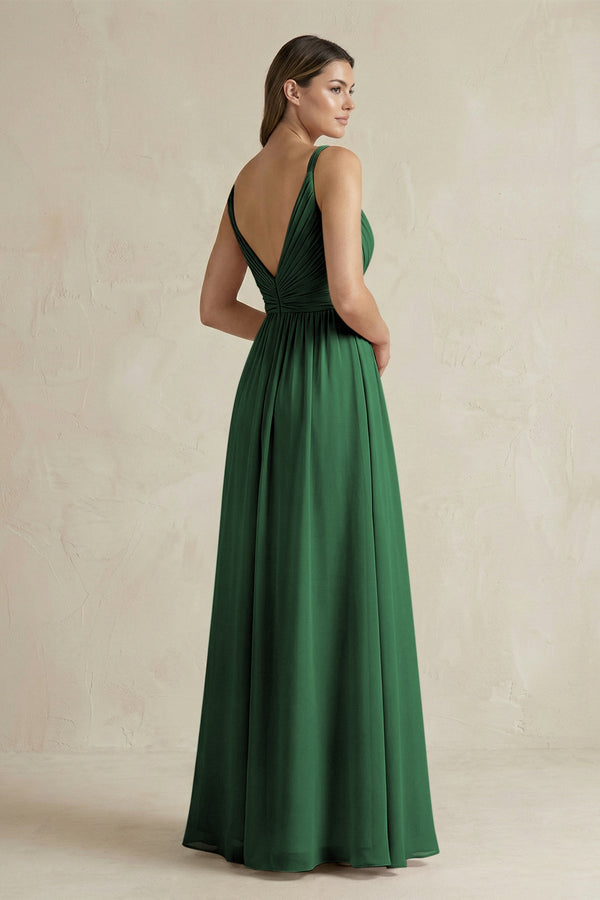 V - Neck Pleated A - Line Chiffon Bridesmaid Dress in Dark Green - SHE IS ME Bridesmaid Dresses