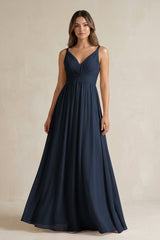 V - Neck Pleated A - Line Chiffon Bridesmaid Dress in Dark Navy - KISS BRIDAL Bridesmaid Dresses