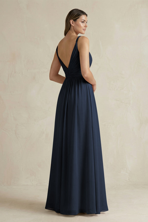 V - Neck Pleated A - Line Chiffon Bridesmaid Dress in Dark Navy - SHE IS ME Bridesmaid Dresses