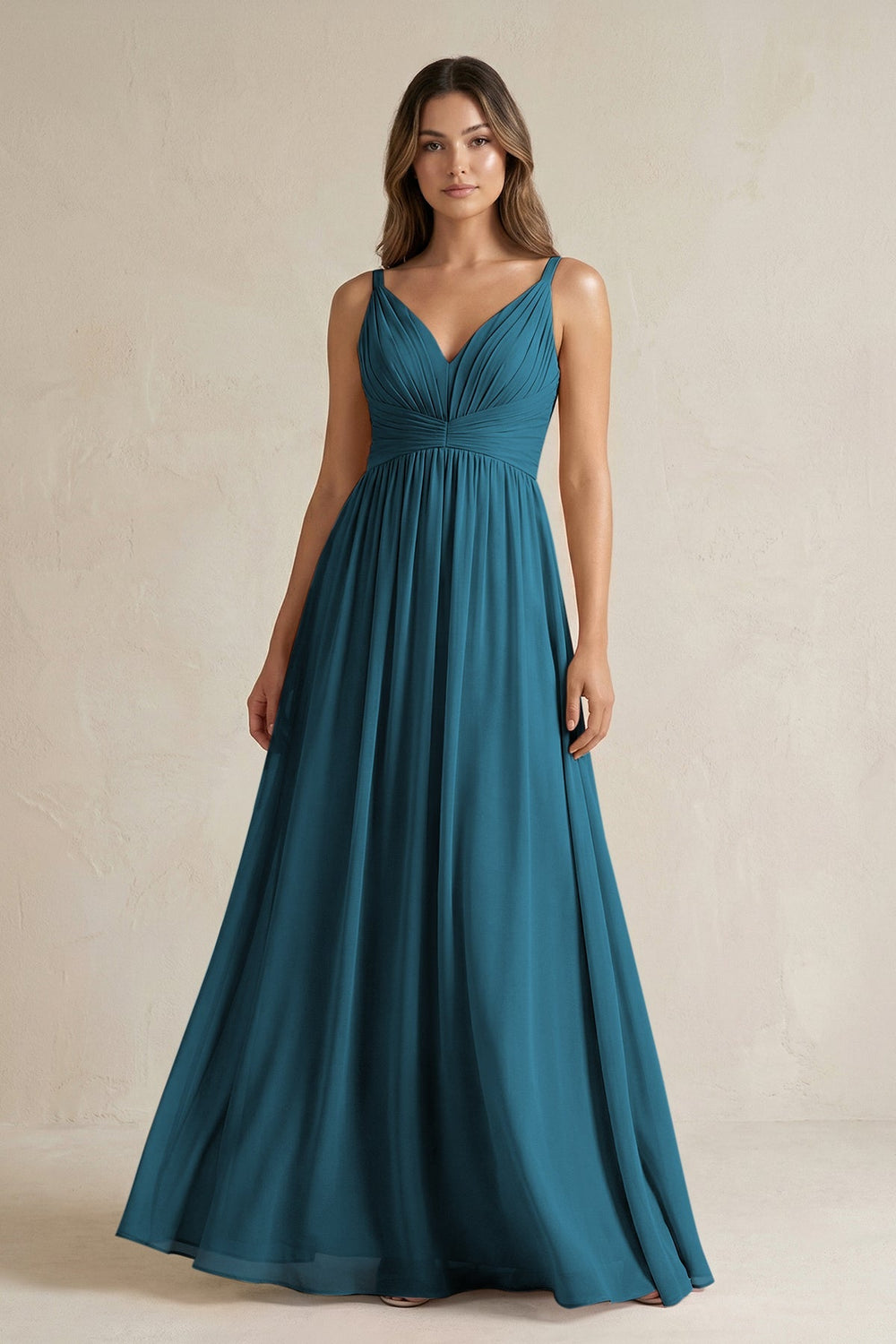 V - Neck Pleated A - Line Chiffon Bridesmaid Dress in Dark Teal - KISS BRIDAL Bridesmaid Dresses
