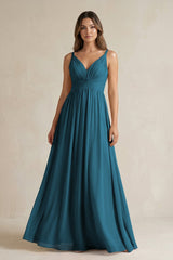 V - Neck Pleated A - Line Chiffon Bridesmaid Dress in Dark Teal - KISS BRIDAL Bridesmaid Dresses