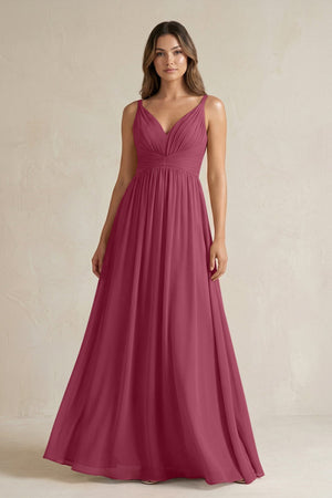 V - Neck Pleated A - Line Chiffon Bridesmaid Dress in Desert Rose - SHE IS ME Bridesmaid Dresses