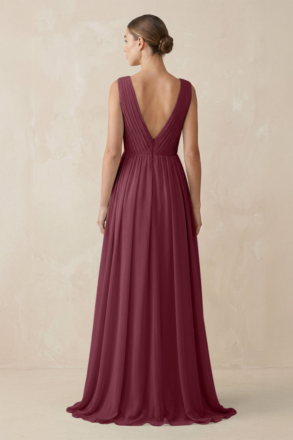 V-Neck Pleated A-Line Chiffon Bridesmaid Dress in Desert Rose