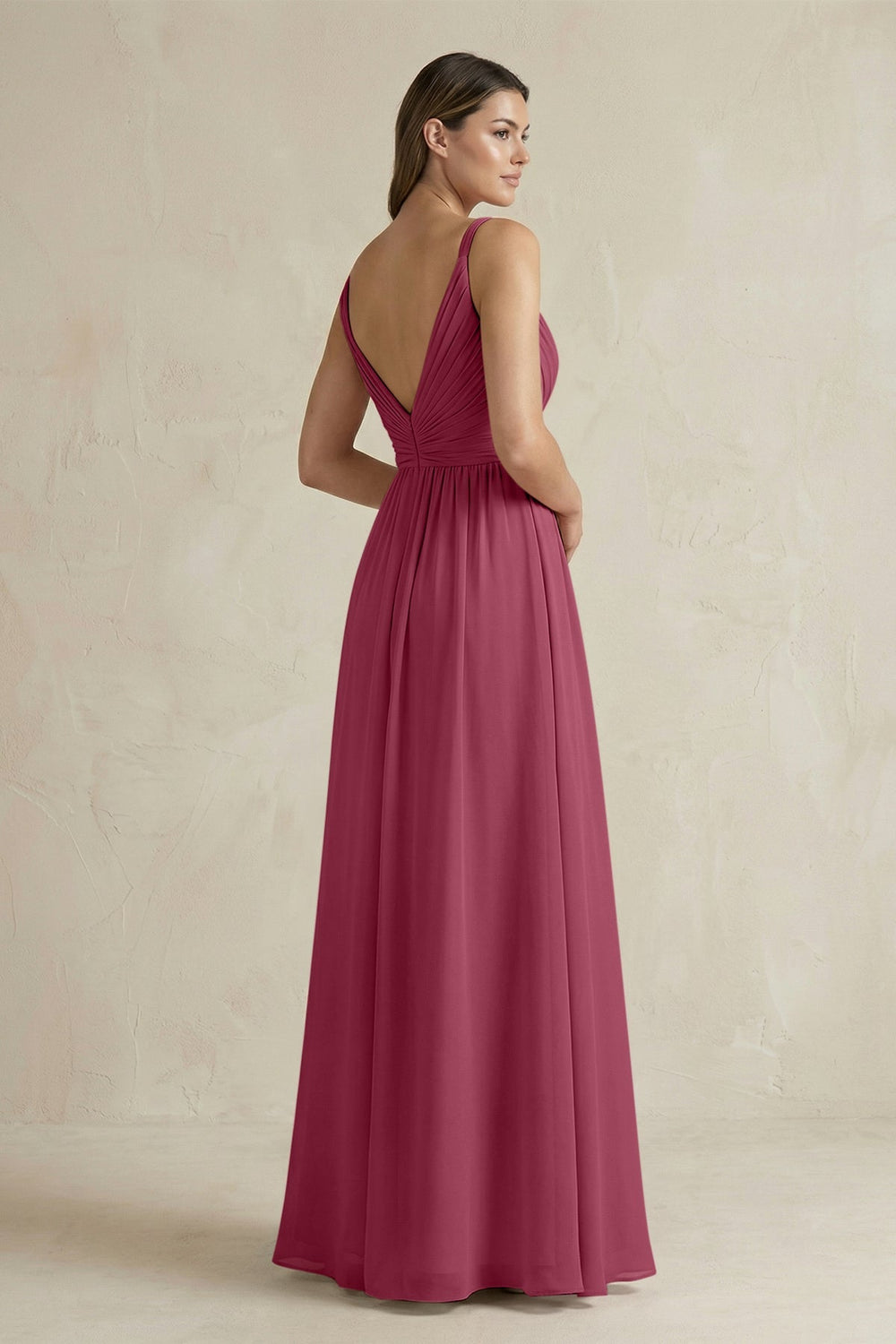 V - Neck Pleated A - Line Chiffon Bridesmaid Dress in Desert Rose - KISS BRIDAL Bridesmaid Dresses
