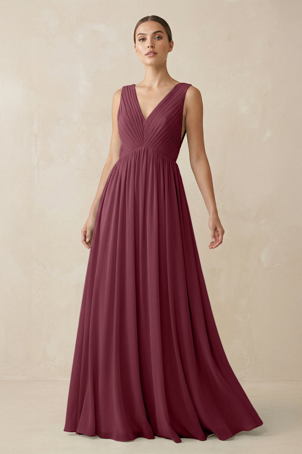 V-Neck Pleated A-Line Chiffon Bridesmaid Dress in Desert Rose