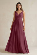 V-Neck Pleated A-Line Chiffon Bridesmaid Dress in Desert Rose | KISSBRIDAL