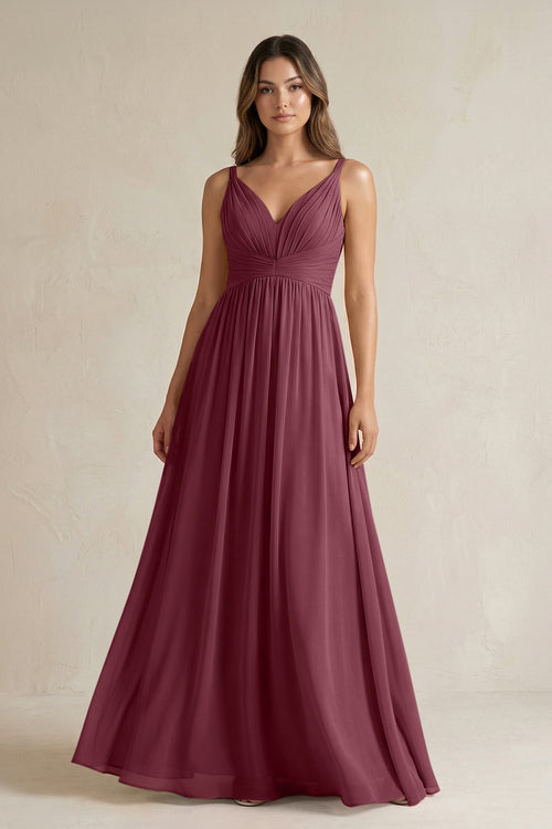 V-Neck Pleated A-Line Chiffon Bridesmaid Dress in Desert Rose | KISSBRIDAL