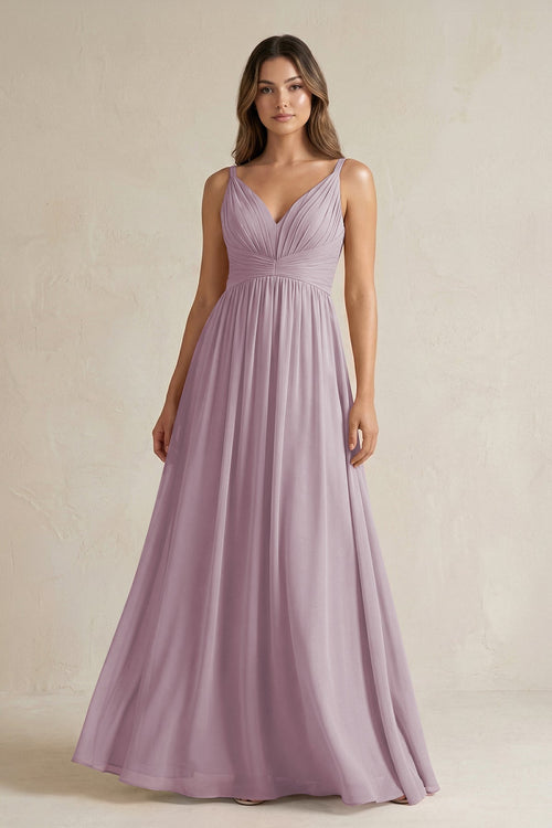 V - Neck Pleated A - Line Chiffon Bridesmaid Dress in Dusk - SHE IS ME Bridesmaid Dresses