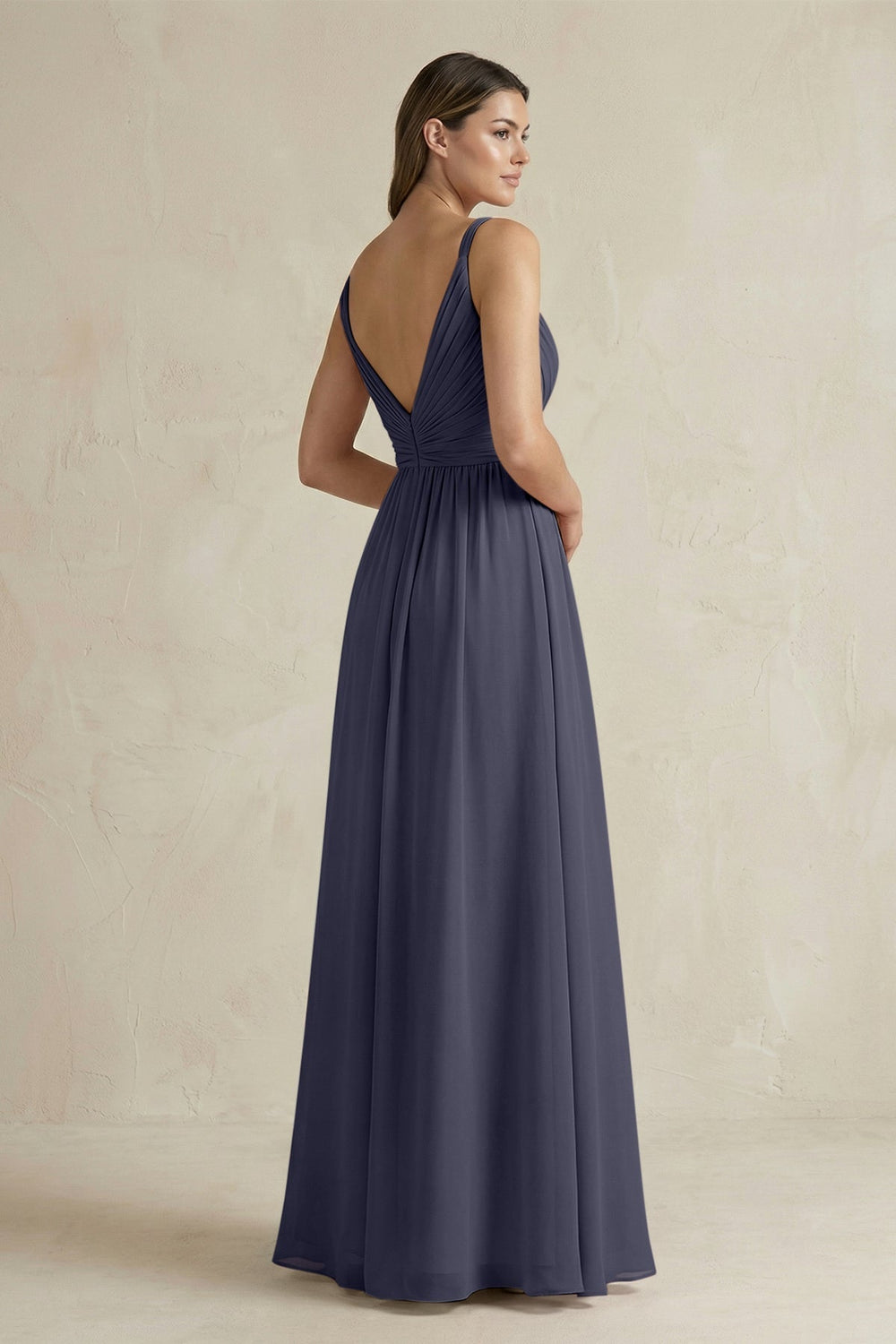 V - Neck Pleated A - Line Chiffon Bridesmaid Dress in Dusk Blue - KISS BRIDAL Bridesmaid Dresses