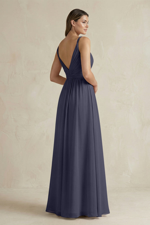 V - Neck Pleated A - Line Chiffon Bridesmaid Dress in Dusk Blue - SHE IS ME Bridesmaid Dresses
