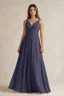 V - Neck Pleated A - Line Chiffon Bridesmaid Dress in Dusk Blue - SHE IS ME Bridesmaid Dresses