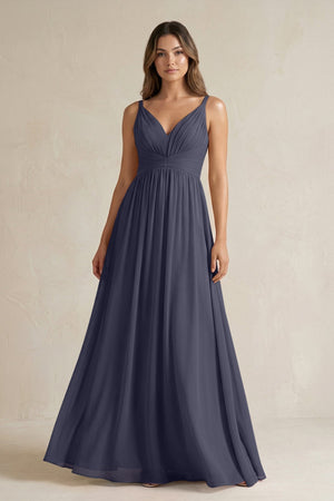 V - Neck Pleated A - Line Chiffon Bridesmaid Dress in Dusk Blue - SHE IS ME Bridesmaid Dresses