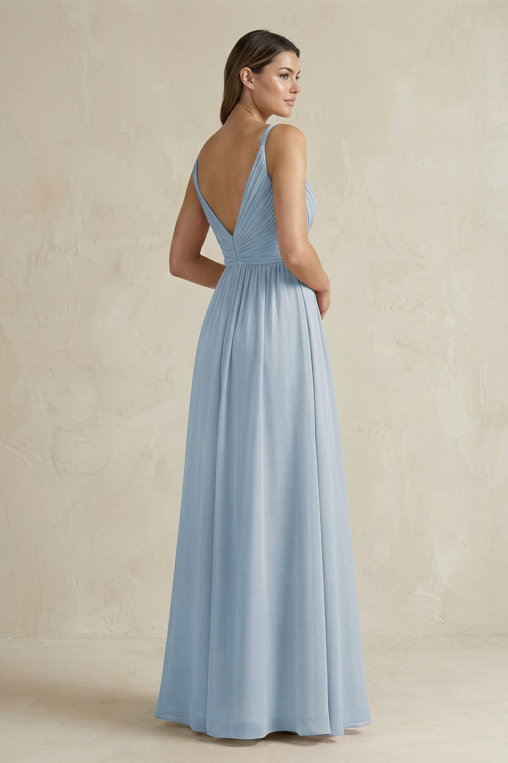 V - Neck Pleated A - Line Chiffon Bridesmaid Dress in Dusty Blue - KISS BRIDAL Bridesmaid Dresses