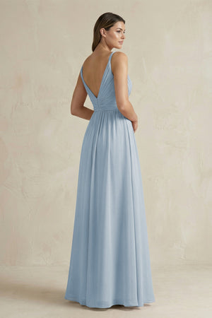 V - Neck Pleated A - Line Chiffon Bridesmaid Dress in Dusty Blue - SHE IS ME Bridesmaid Dresses