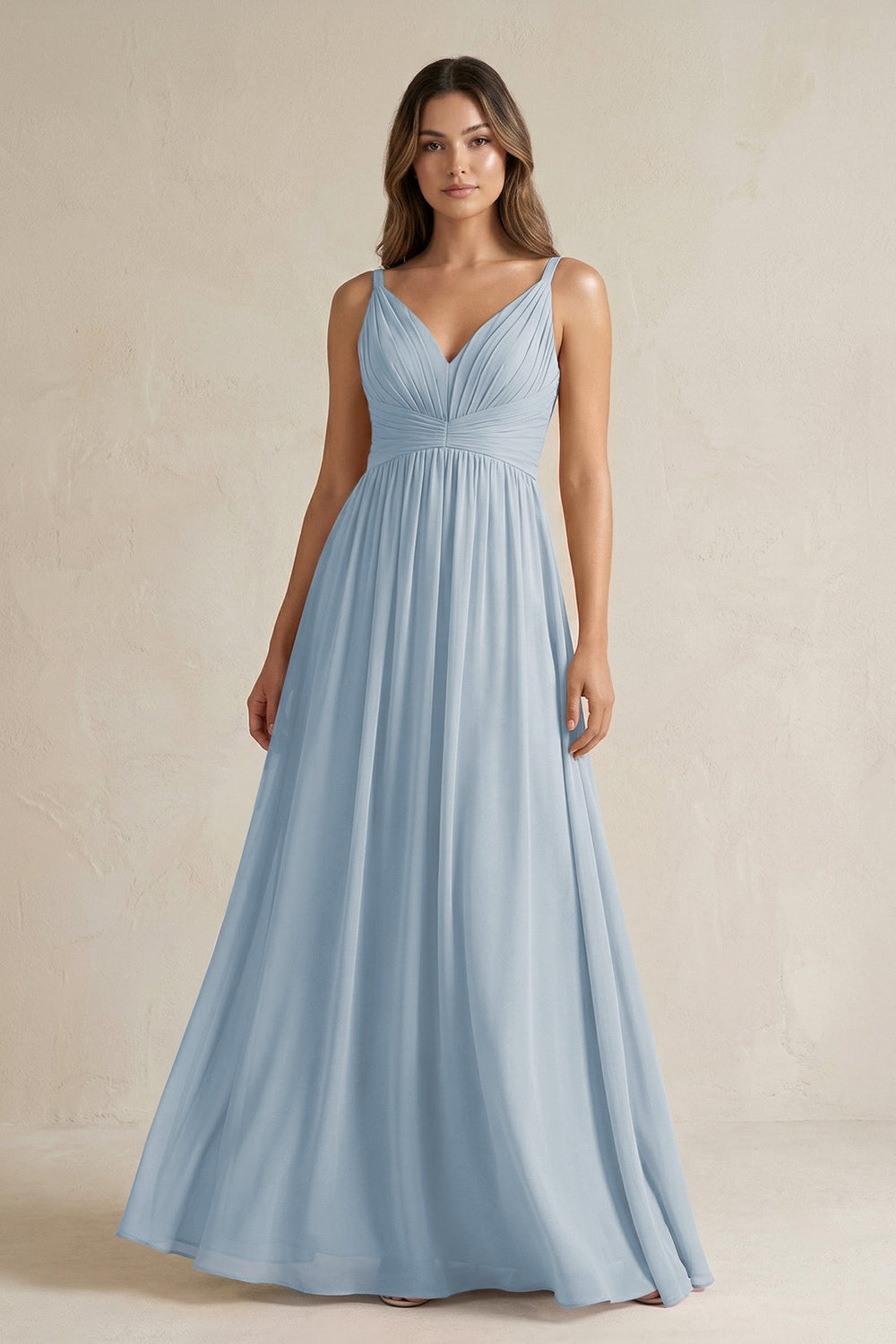 V - Neck Pleated A - Line Chiffon Bridesmaid Dress in Dusty Blue - KISS BRIDAL Bridesmaid Dresses