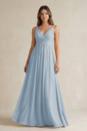 V - Neck Pleated A - Line Chiffon Bridesmaid Dress in Dusty Blue - SHE IS ME Bridesmaid Dresses