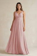 V - Neck Pleated A - Line Chiffon Bridesmaid Dress in Dusty Rose - SHE IS ME Bridesmaid Dresses