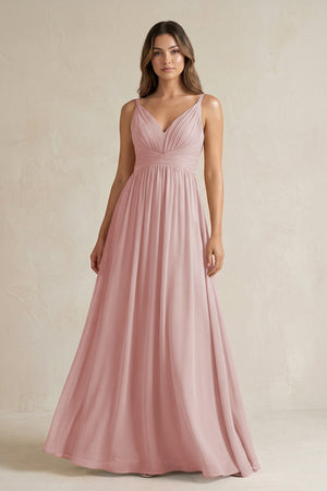 V - Neck Pleated A - Line Chiffon Bridesmaid Dress in Dusty Rose - SHE IS ME Bridesmaid Dresses