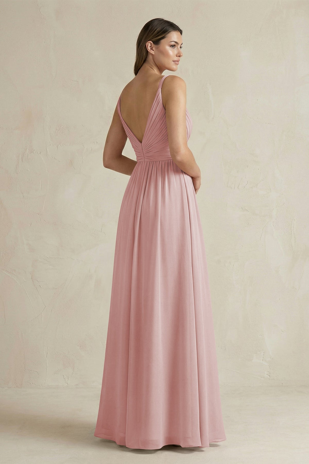 V - Neck Pleated A - Line Chiffon Bridesmaid Dress in Dusty Rose - KISS BRIDAL Bridesmaid Dresses