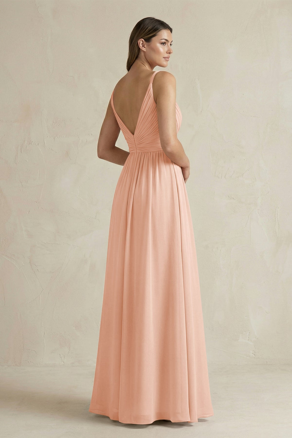 V - Neck Pleated A - Line Chiffon Bridesmaid Dress in English Rose - KISS BRIDAL Bridesmaid Dresses