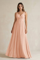 V - Neck Pleated A - Line Chiffon Bridesmaid Dress in English Rose - SHE IS ME Bridesmaid Dresses