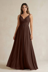 V - Neck Pleated A - Line Chiffon Bridesmaid Dress in Espresso - KISS BRIDAL Bridesmaid Dresses