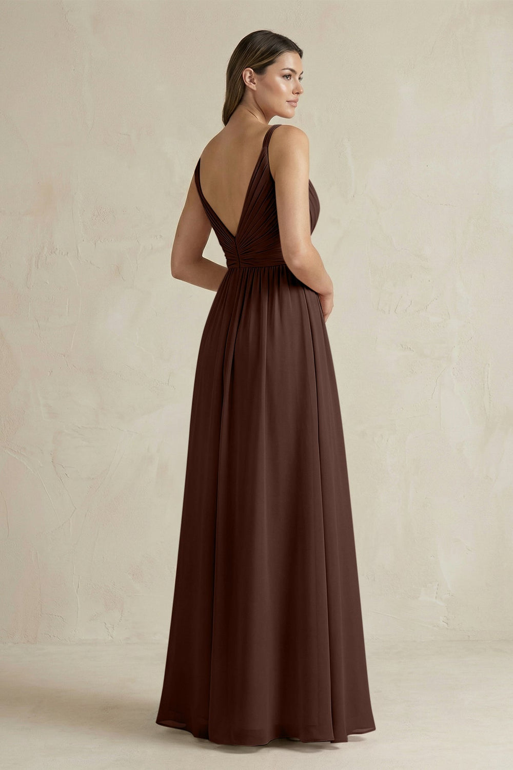 V - Neck Pleated A - Line Chiffon Bridesmaid Dress in Espresso - KISS BRIDAL Bridesmaid Dresses
