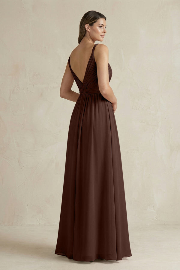 V - Neck Pleated A - Line Chiffon Bridesmaid Dress in Espresso - SHE IS ME Bridesmaid Dresses