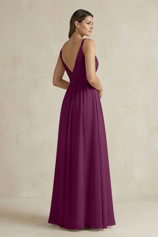 V - Neck Pleated A - Line Chiffon Bridesmaid Dress in Fig - SHE IS ME Bridesmaid Dresses