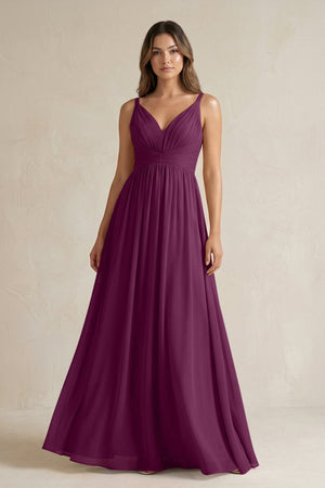 V - Neck Pleated A - Line Chiffon Bridesmaid Dress in Fig - SHE IS ME Bridesmaid Dresses