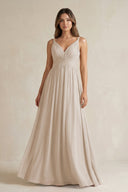 V - Neck Pleated A - Line Chiffon Bridesmaid Dress in Frost - SHE IS ME Bridesmaid Dresses