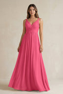 V - Neck Pleated A - Line Chiffon Bridesmaid Dress in Fuchsia - SHE IS ME Bridesmaid Dresses