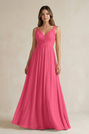 V - Neck Pleated A - Line Chiffon Bridesmaid Dress in Fuchsia - SHE IS ME Bridesmaid Dresses