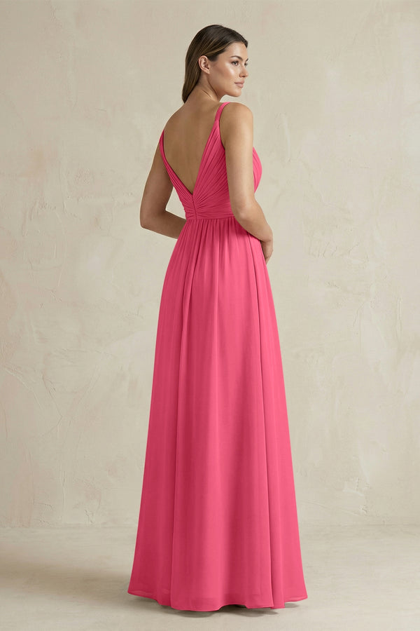 V - Neck Pleated A - Line Chiffon Bridesmaid Dress in Fuchsia - SHE IS ME Bridesmaid Dresses