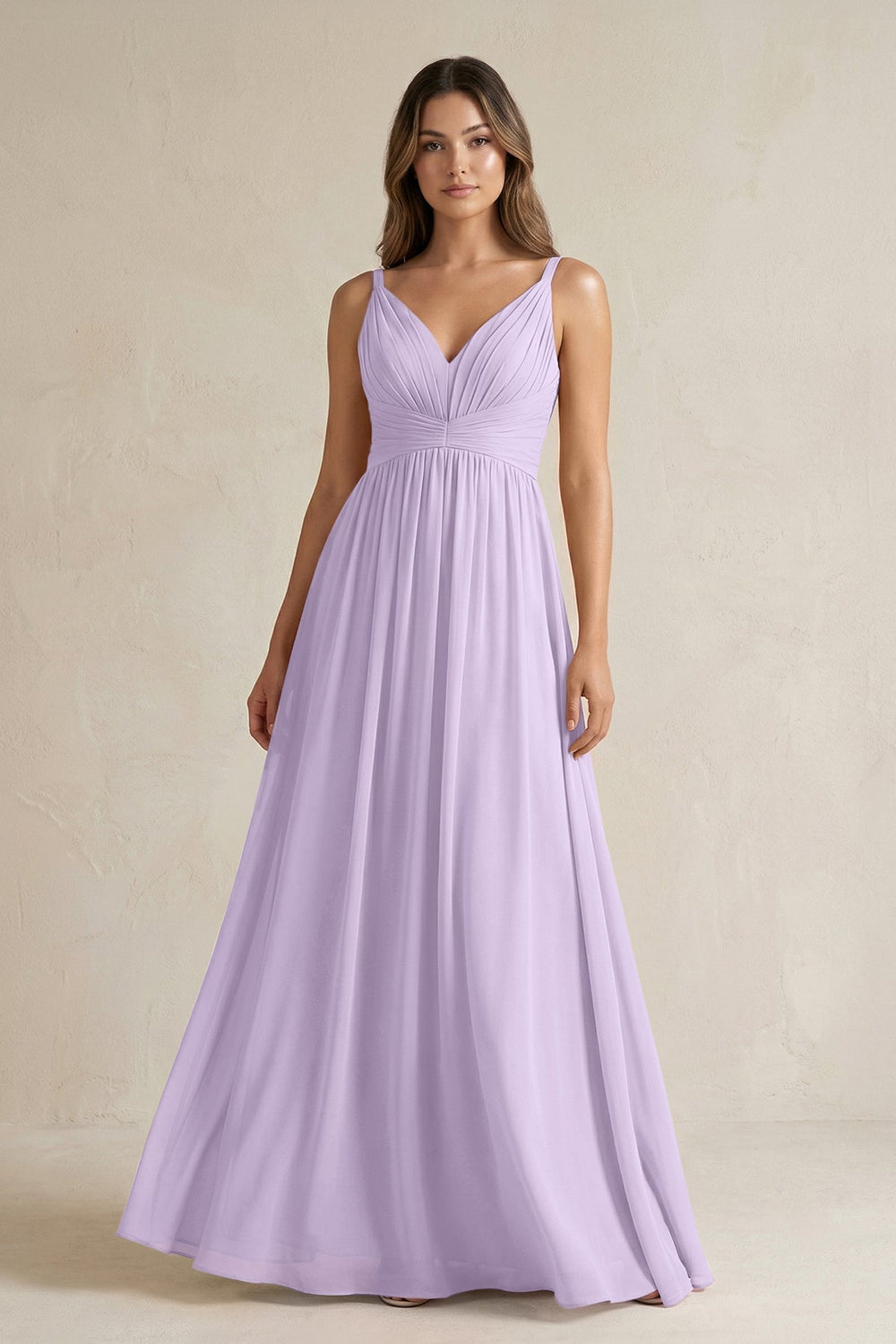V - Neck Pleated A - Line Chiffon Bridesmaid Dress in Lavender - KISS BRIDAL Bridesmaid Dresses